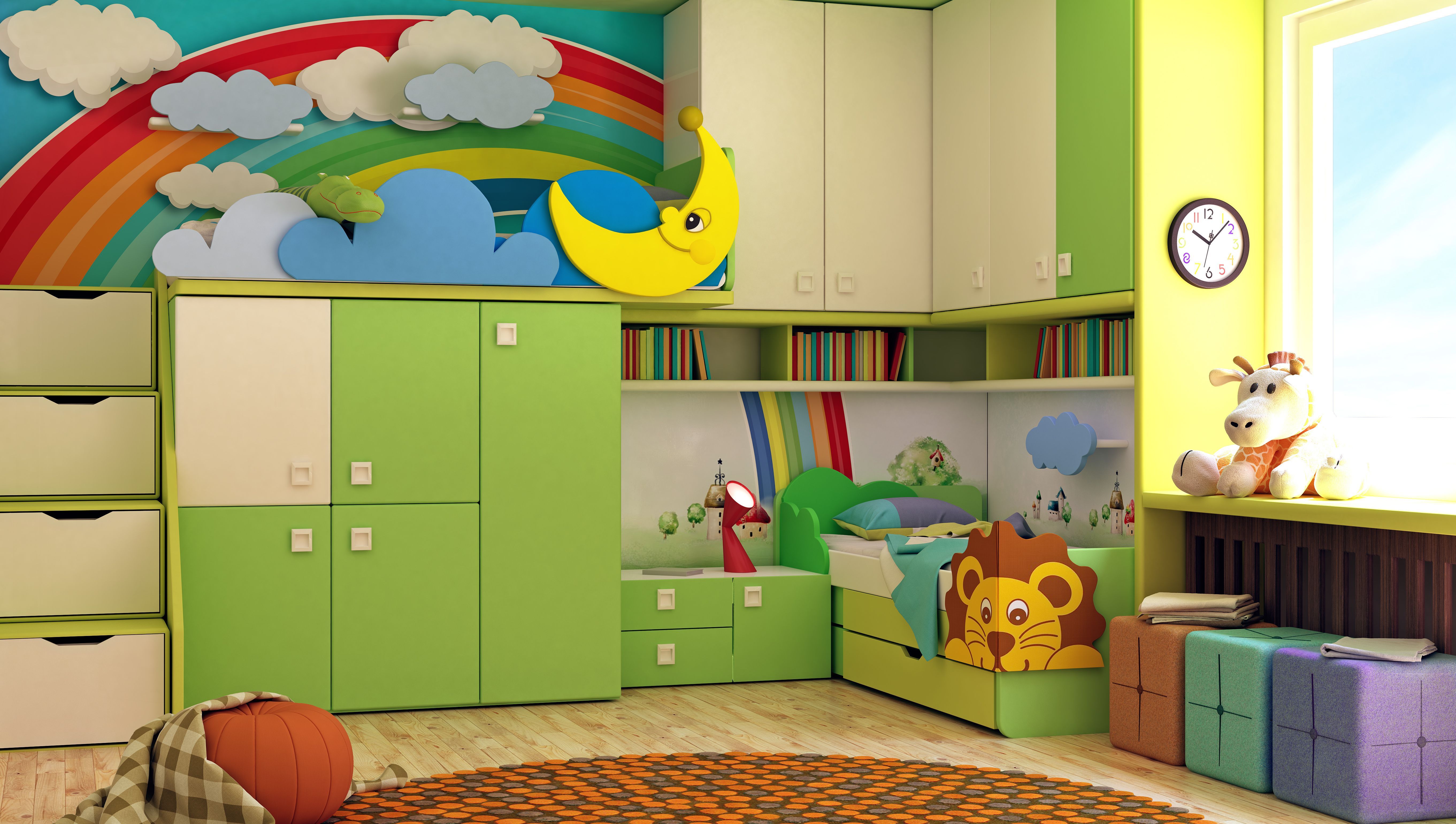 colourful fantasy theme childs room rainbow green animals interior design storage