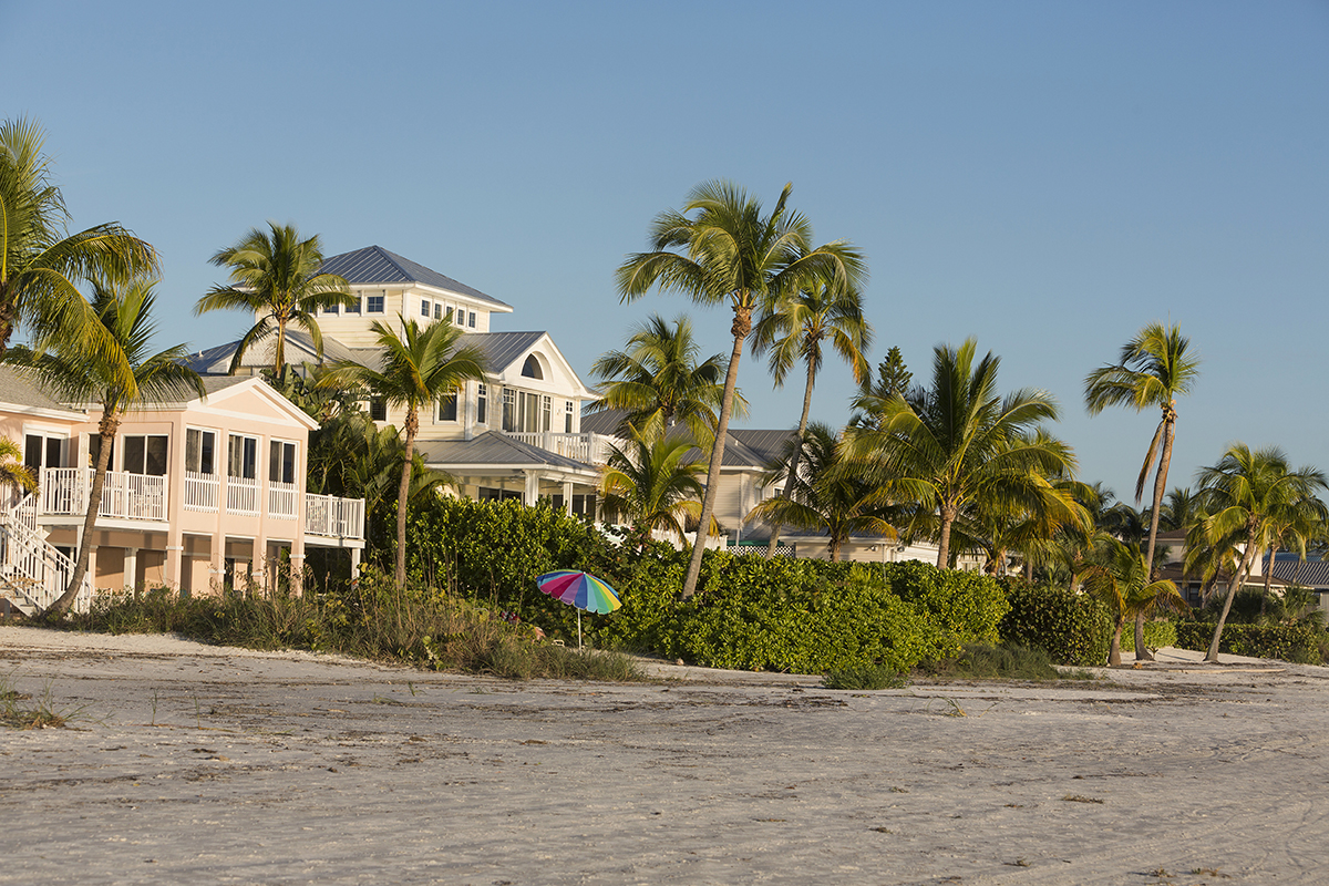 Florida palmtrees and houses on beachfront